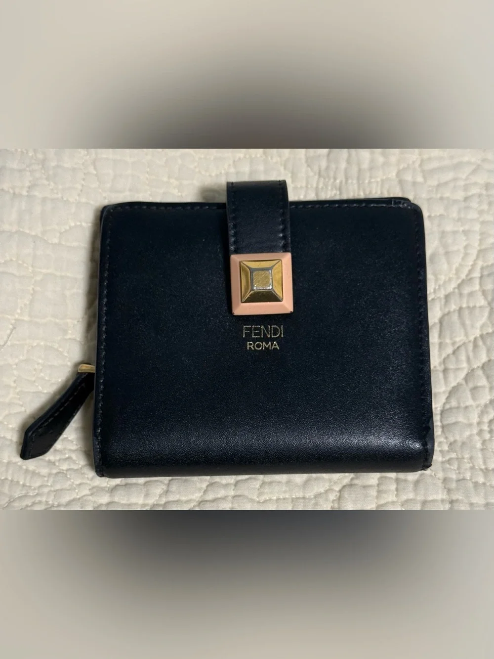 Fendi “Roma” Black Leather Wallet with Gold & Pink Accents!
